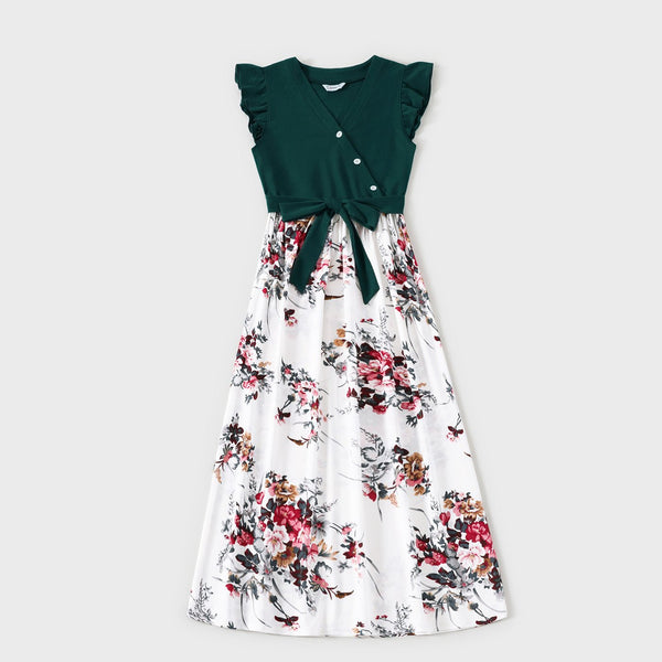 Family Matching Floral Print Splicing Dark Green Flutter-sleeve Dresses and Short-sleeve T-shirts Sets - 20327554