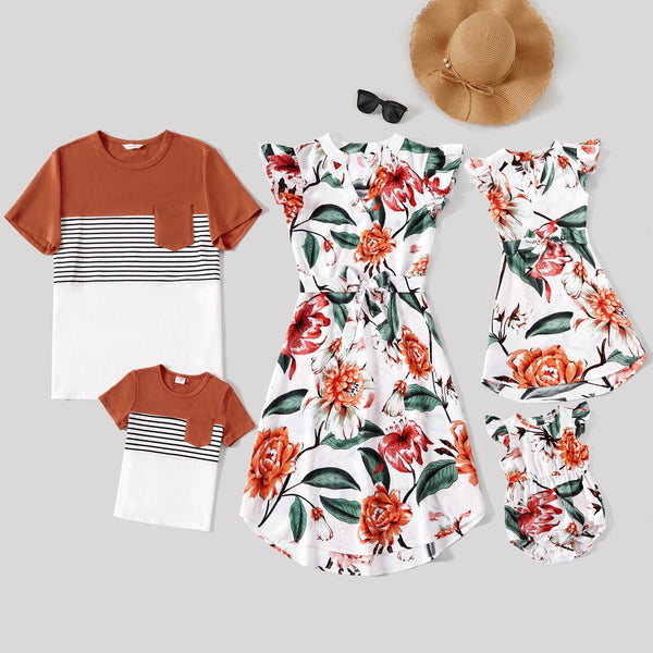 Family Matching Flutter-sleeve Allover Floral Dresses and Short-sleeve Spliced T-shirts Sets - 20665155