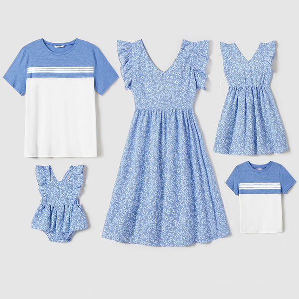 Family Matching Flutter Sleeveless Dress and Shirts Sets - 20638911