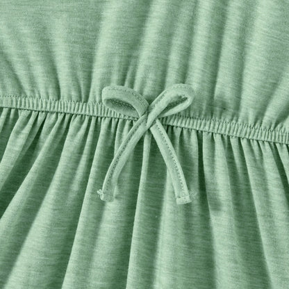 Family Matching Green Halter Neck Sleeveless Drawstring Dresses and Striped Splicing Short-sleeve T-shirts Sets - 20333839