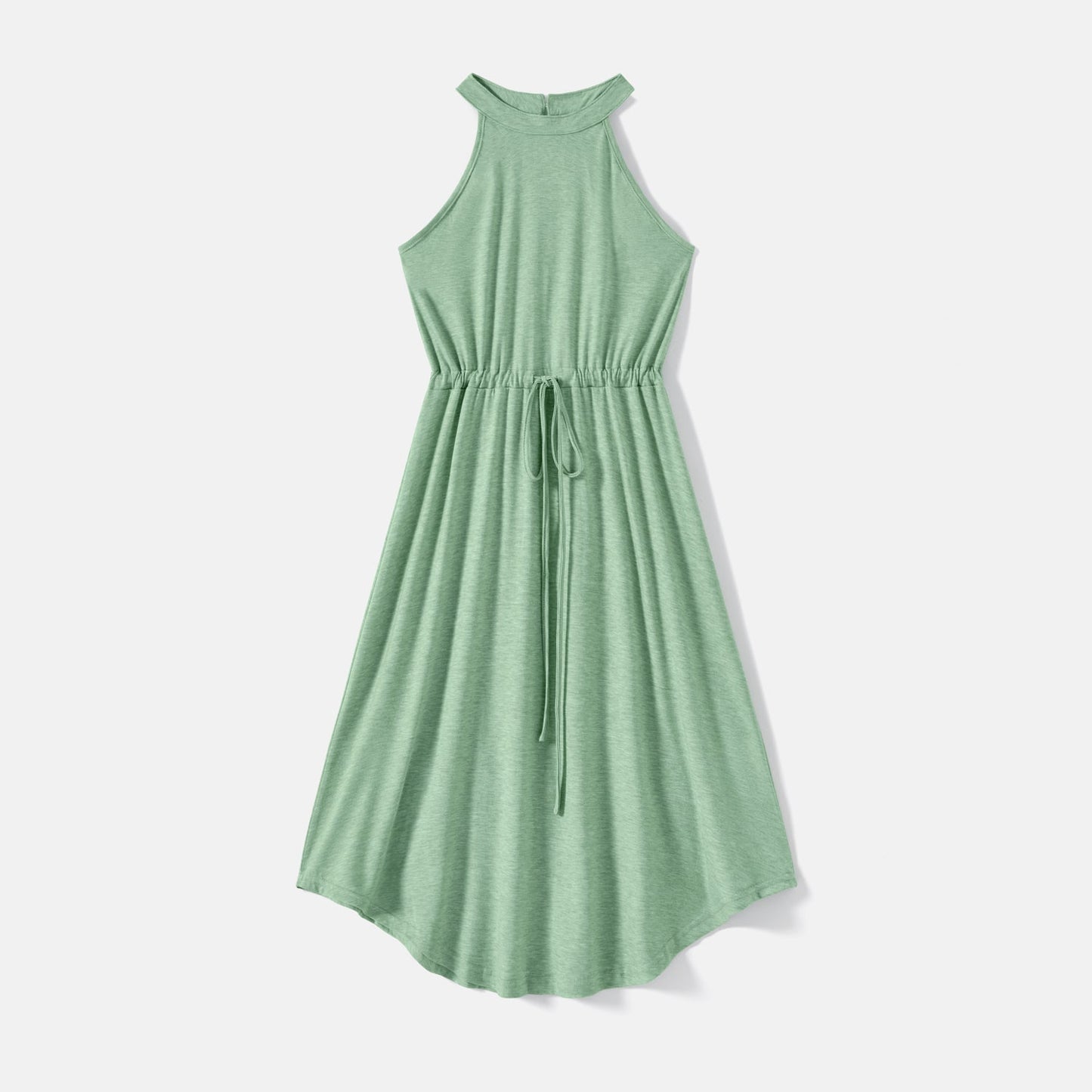 Family Matching Green Halter Neck Sleeveless Drawstring Dresses and Striped Splicing Short-sleeve T-shirts Sets - 20333839