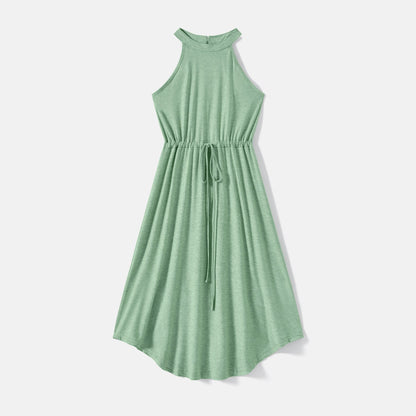 Family Matching Green Halter Neck Sleeveless Drawstring Dresses and Striped Splicing Short-sleeve T-shirts Sets - 20333839