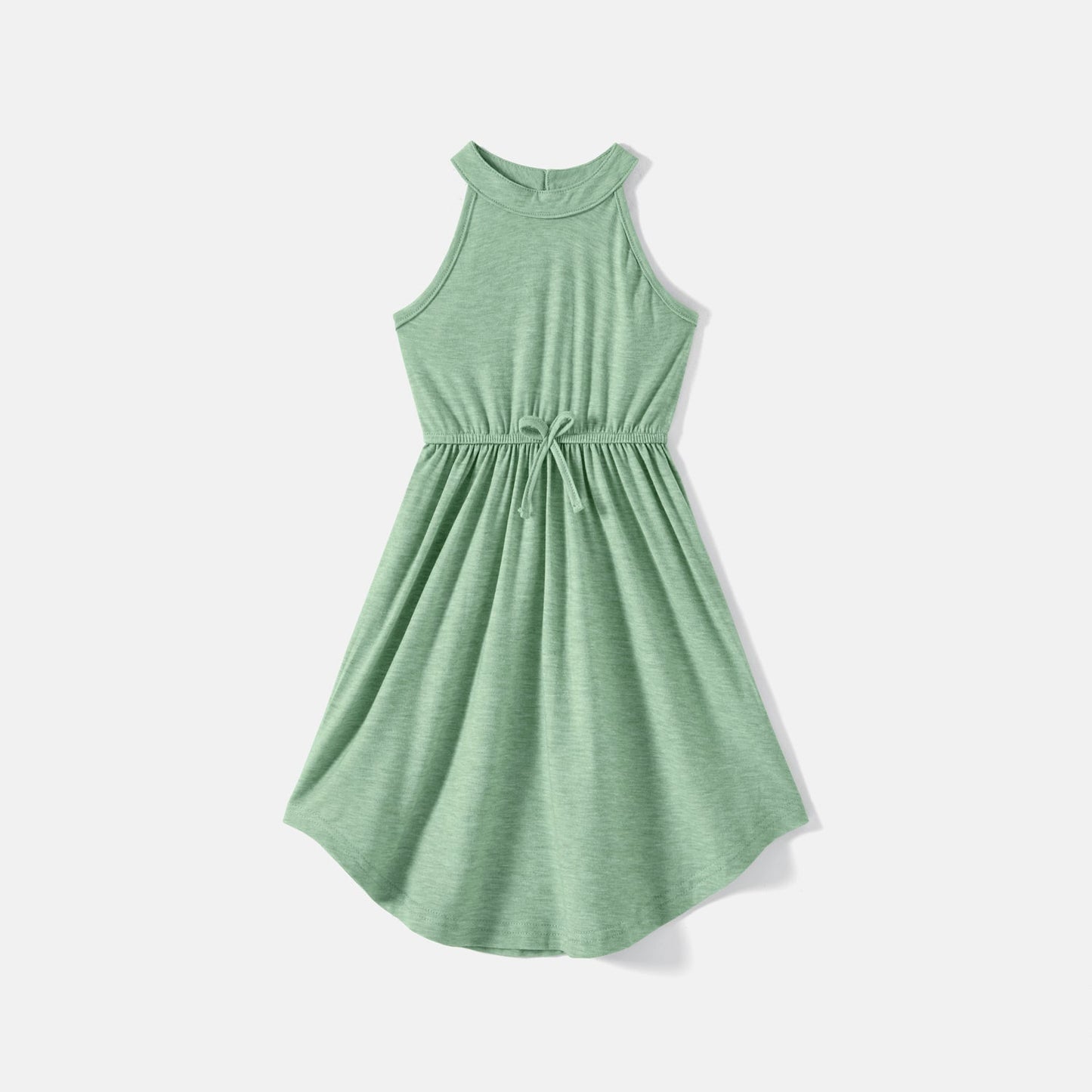 Family Matching Green Halter Neck Sleeveless Drawstring Dresses and Striped Splicing Short-sleeve T-shirts Sets - 20333839