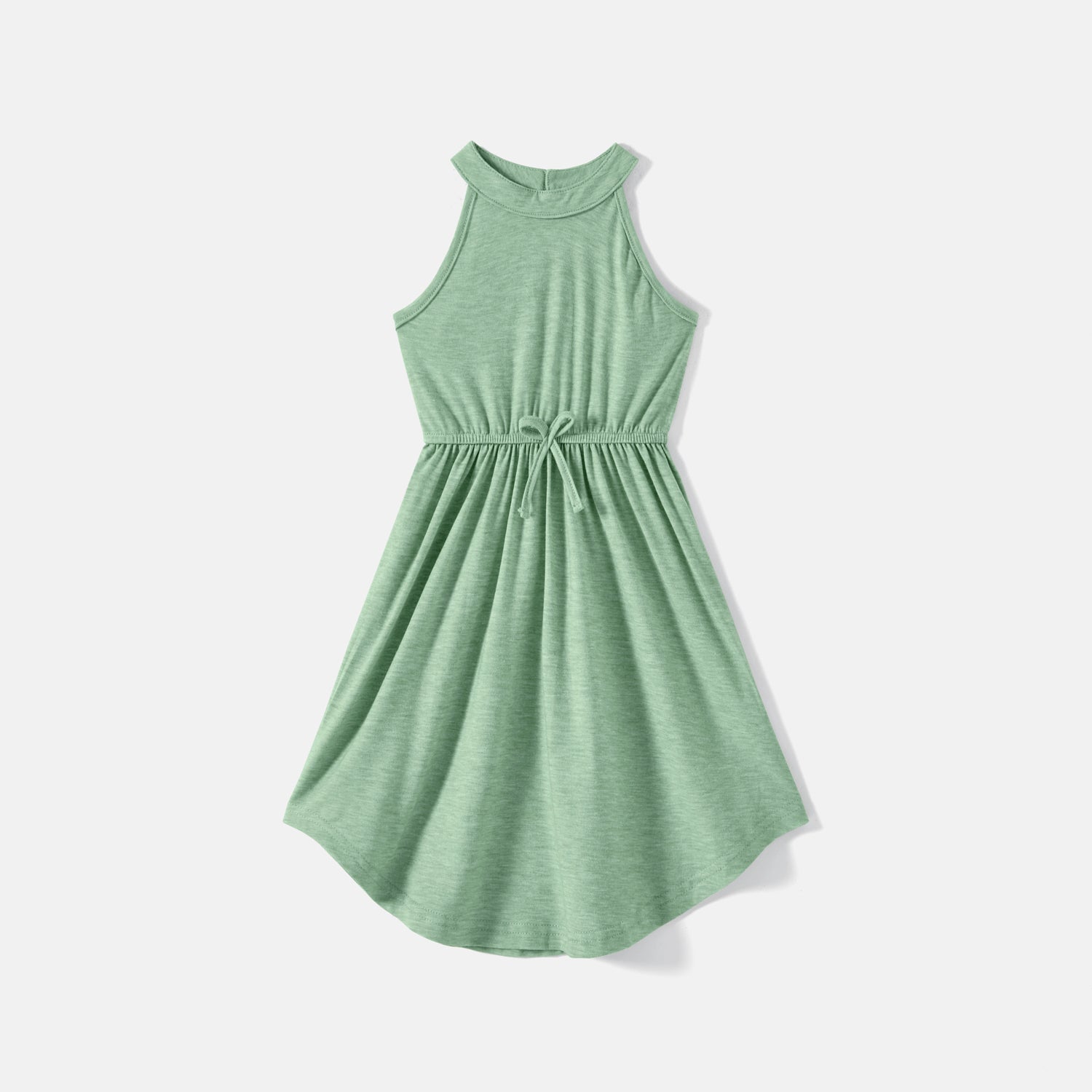 Family Matching Green Halter Neck Sleeveless Drawstring Dresses and Striped Splicing Short-sleeve T-shirts Sets - 20333839