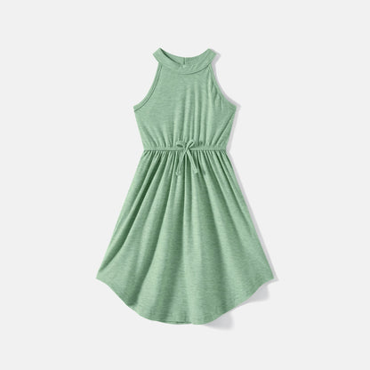 Family Matching Green Halter Neck Sleeveless Drawstring Dresses and Striped Splicing Short-sleeve T-shirts Sets - 20333839