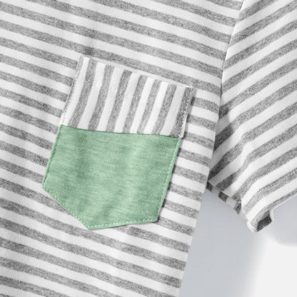 Family Matching Green Halter Neck Sleeveless Drawstring Dresses and Striped Splicing Short-sleeve T-shirts Sets - 20333839