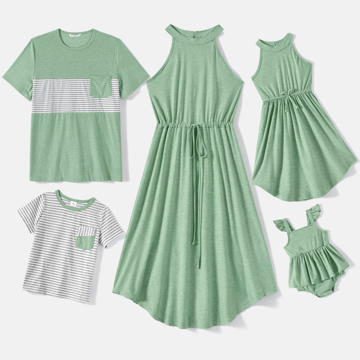 Family Matching Green Halter Neck Sleeveless Drawstring Dresses and Striped Splicing Short-sleeve T-shirts Sets - 20333839