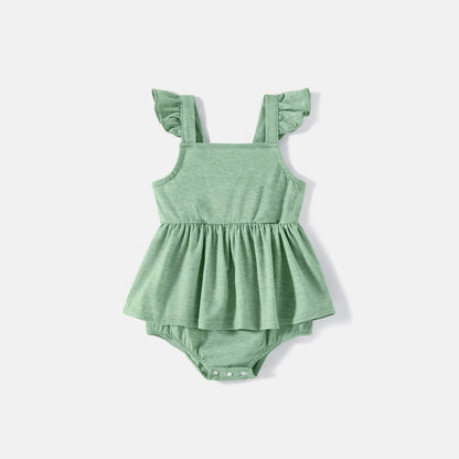 Family Matching Green Halter Neck Sleeveless Drawstring Dresses and Striped Splicing Short-sleeve T-shirts Sets - 20333839
