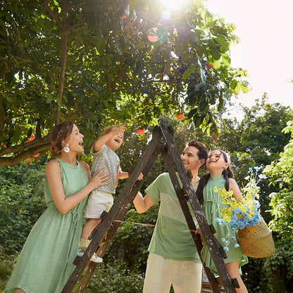 Family Matching Green Halter Neck Sleeveless Drawstring Dresses and Striped Splicing Short-sleeve T-shirts Sets - 20333839