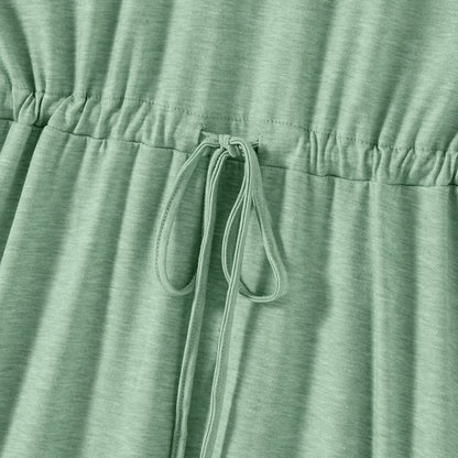 Family Matching Green Halter Neck Sleeveless Drawstring Dresses and Striped Splicing Short-sleeve T-shirts Sets - 20333839