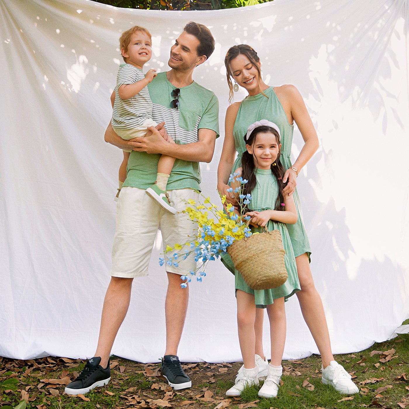 Family Matching Green Halter Neck Sleeveless Drawstring Dresses and Striped Splicing Short-sleeve T-shirts Sets - 20333839