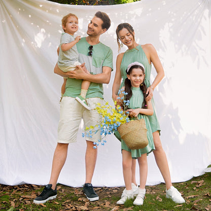 Family Matching Green Halter Neck Sleeveless Drawstring Dresses and Striped Splicing Short-sleeve T-shirts Sets - 20333839