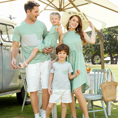 Family Matching Green Halter Neck Sleeveless Drawstring Dresses and Striped Splicing Short-sleeve T-shirts Sets - 20333839