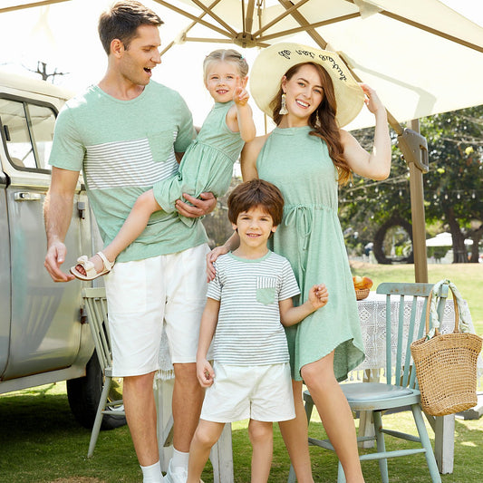 Family Matching Green Halter Neck Sleeveless Drawstring Dresses and Striped Splicing Short-sleeve T-shirts Sets - 20333839