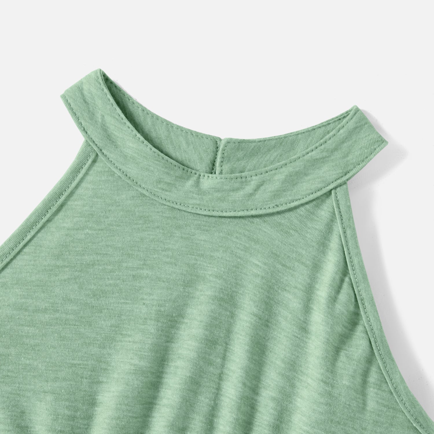 Family Matching Green Halter Neck Sleeveless Drawstring Dresses and Striped Splicing Short-sleeve T-shirts Sets - 20333839