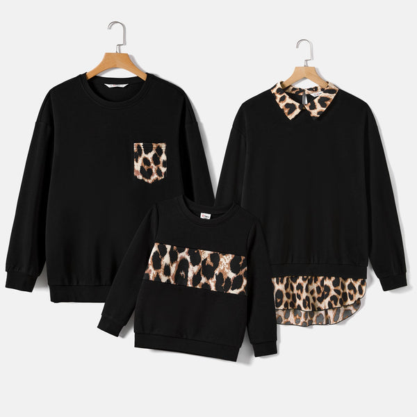 Family Matching Leopard Color Block Long-sleeve Tops - 20679065