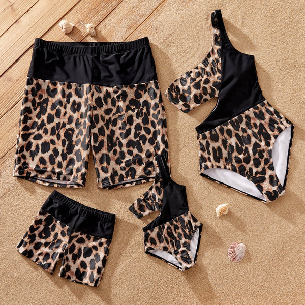 Family Matching Leopard Panel Cut Out Waist One-Shoulder One Piece Swimsuit or Swim Trunks Shorts - 20663041