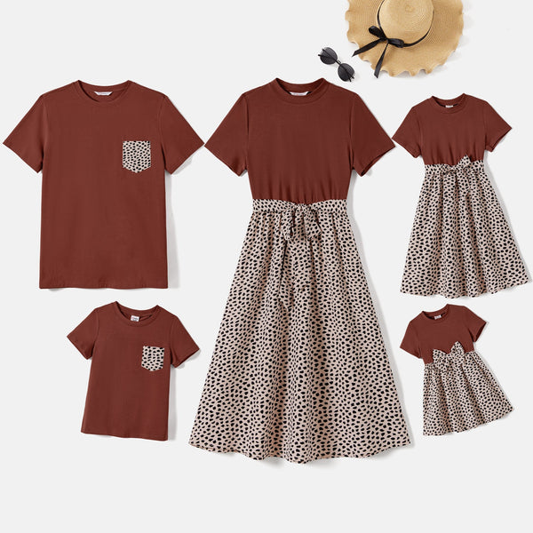 Family Matching Leopard Print Splice Brown Dresses And 94% Cotton Short-sleeve T-shirts Sets - 20672363