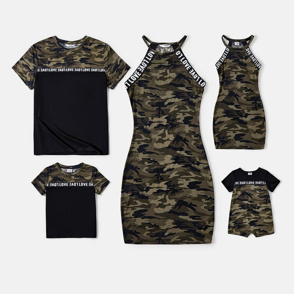 Family Matching Letter Design Camouflage Halter Neck Sleeveless Bodycon Dresses and Cotton Short-sleeve Spliced T-shirts Sets - 20609501