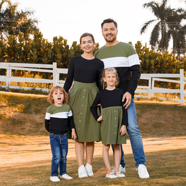 Family Matching Long-sleeve Button Front Solid Spliced Dresses and Colorblock Rib Knit Tops Sets - 20513340
