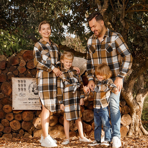 Family Matching Long-sleeve Button Up Coffee Plaid Shirts and Dresses Sets - 20472025