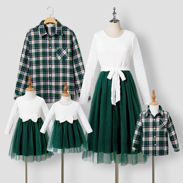 Family Matching Long-sleeve Mesh Splice Belted Dresses and Plaid Shirts Sets - 20683256