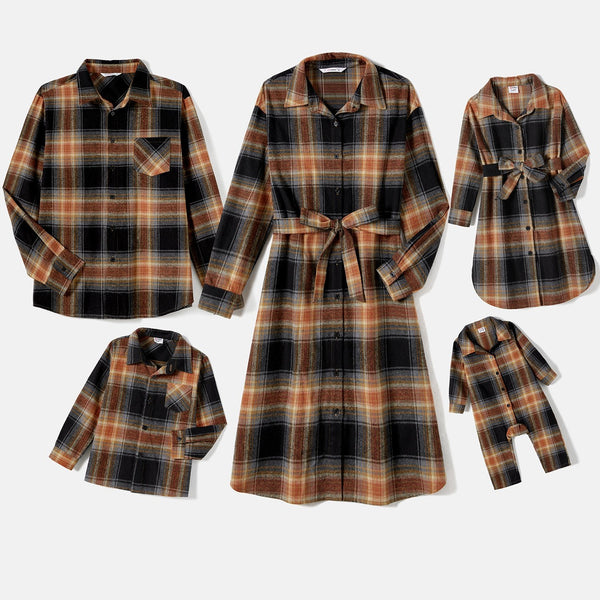 Family Matching Long Sleeve Plaid Belted Dresses And Plaid Tops Sets - 20689385