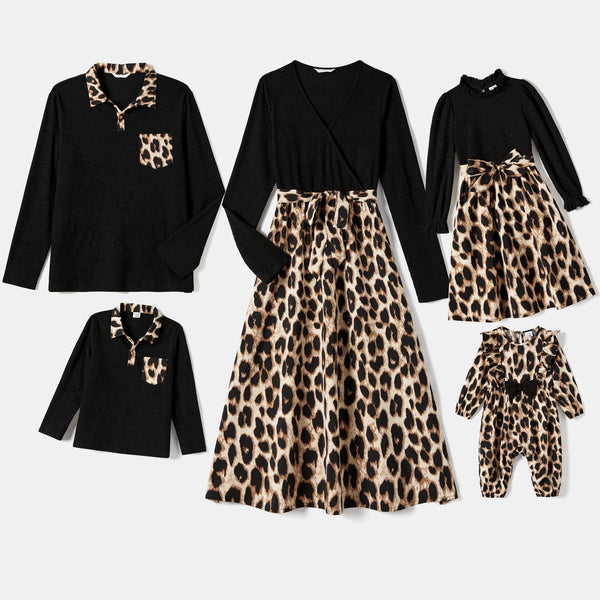 Family Matching Long-sleeve Shirts and Rib Knit Spliced Leopard Belted Dresses Sets - 20700261