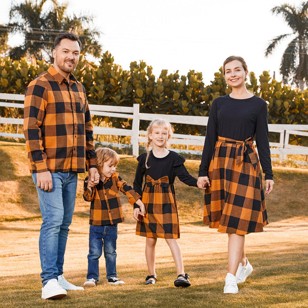 Family Matching Long-sleeve Solid Rib Knit Spliced Plaid Dresses and Button Up Shirts Sets - 20471884