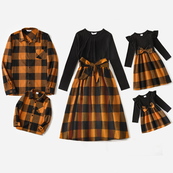 Family Matching Long-sleeve Solid Rib Knit Spliced Plaid Dresses and Button Up Shirts Sets - 20471884