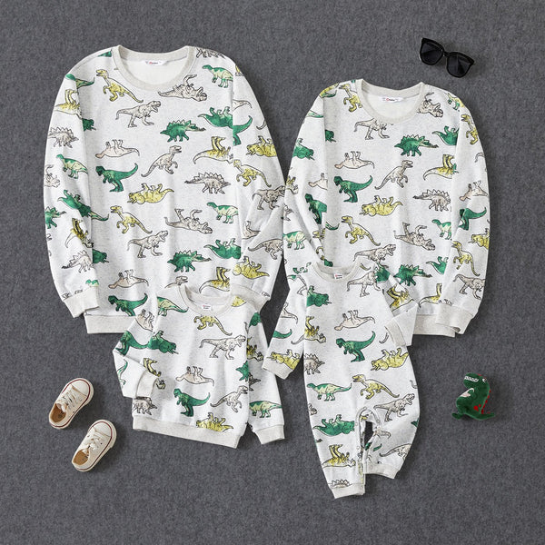 Family Matching Long Sleeved Dinosaur-Print Cotton Tops - 20689237