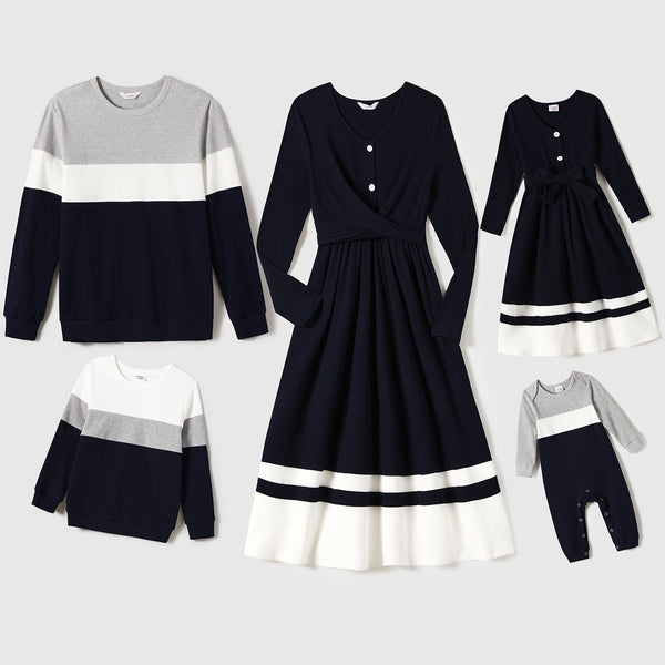 Family Matching Long-Sleeved Knit Dresses And Color-Block Knit Tops Sets - 20699800