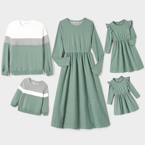 Family Matching Mint Green Lace Dresses And Color-block Long-sleeve tops Sets - 20681810