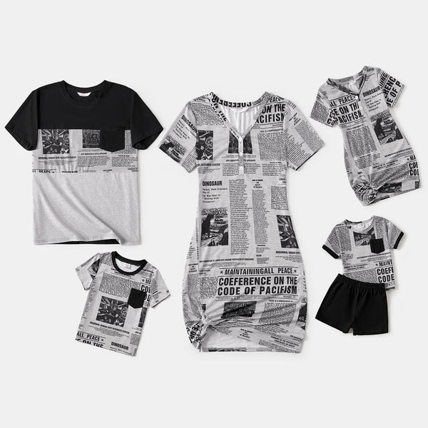 Family Matching Newspaper Print V Neck Short-sleeve Twist Knot Bodycon Dresses and T-shirts Sets - 20549691