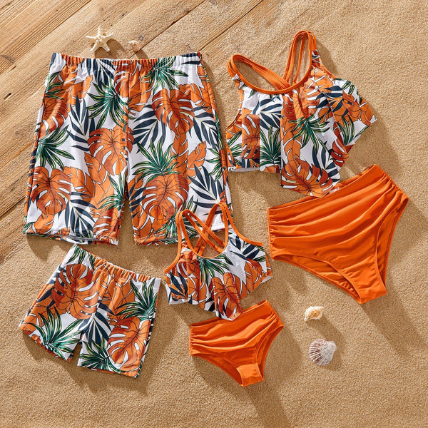 Family Matching Orange and All Over Tropical Plant Print Splicing Ruffle One-Piece Swimsuit and Swim Trunks Shorts - 20601733