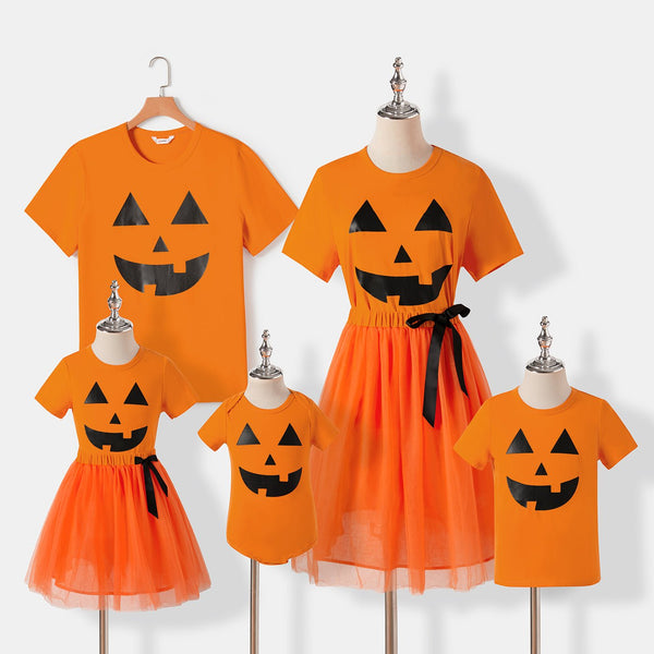 Family Matching Orange Spooky Print Dresses And Tops Sets - 20691706