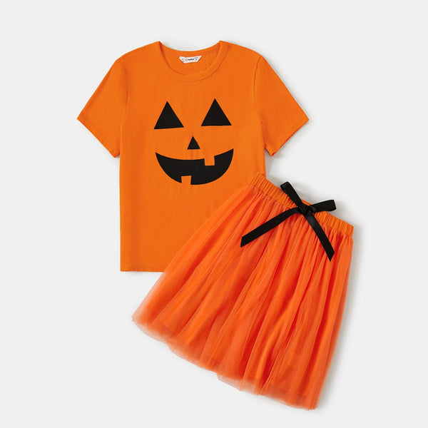 Family Matching Orange Spooky Print Dresses And Tops Sets - 20691706