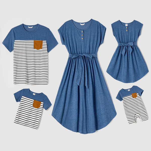 Family Matching Outfits Belt Waist with Bowknot Dress and Striped T-shirts - 20546383
