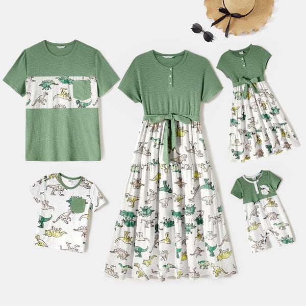 Family Matching Outfits Belted Spliced Dinosaur Printed Dresses and T-Shirts - 20458583