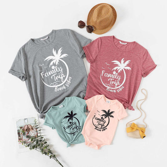 Family Matching Outfits Coconut Tree & Letter Print T-shirts - 20445414
