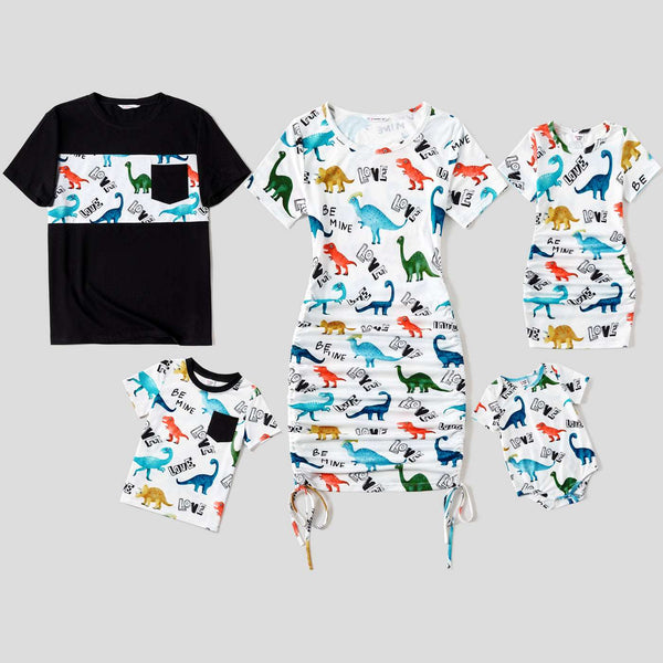 Family Matching Outfits Dinosaur Printed Bodycon and T-shirts with Pocket - 20571277