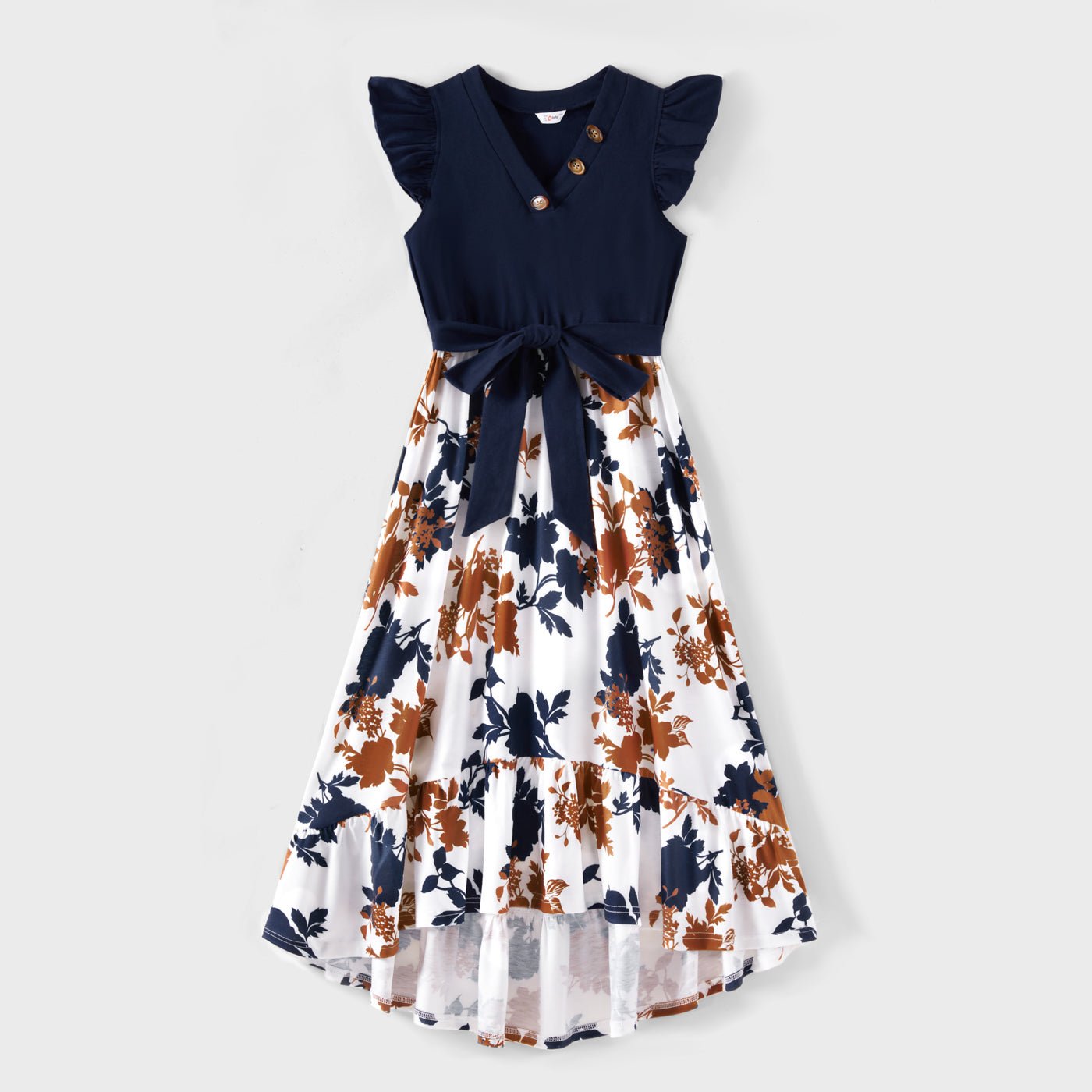 Family Matching Outfits Floral Printed Flutter Sleeve Belt Waist with Bowknot Dress and T-shirts - 20340763