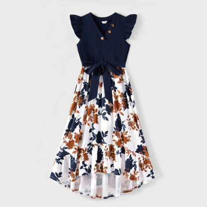 Family Matching Outfits Floral Printed Flutter Sleeve Belt Waist with Bowknot Dress and T-shirts - 20340763