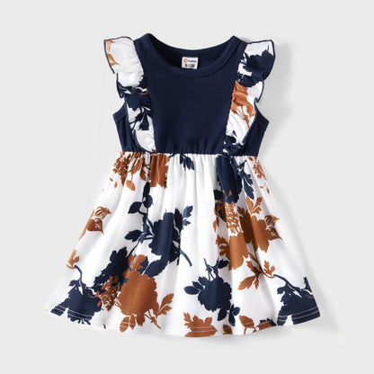 Family Matching Outfits Floral Printed Flutter Sleeve Belt Waist with Bowknot Dress and T-shirts - 20340763