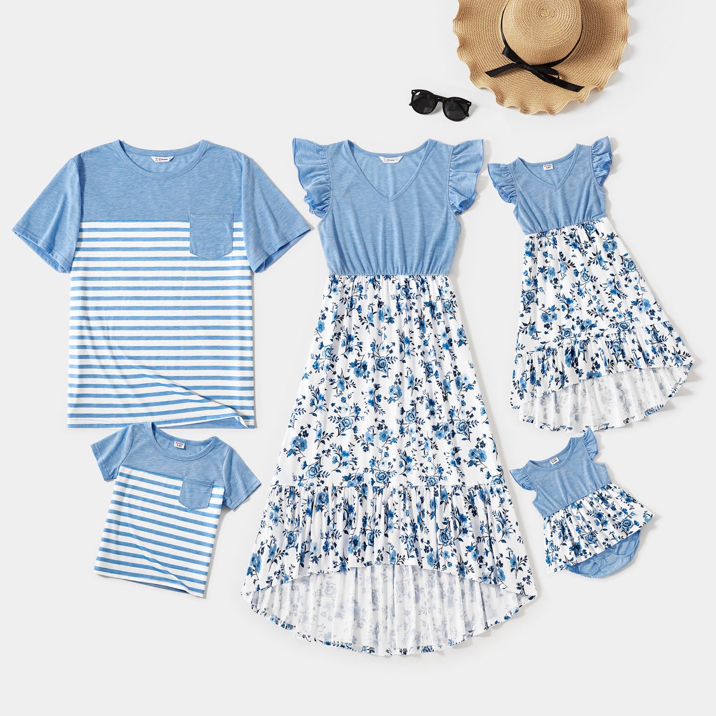 Family Matching Outfits Floral Printed Flutter Sleeve Belt Waist with Bowknot Dress and T-shirts - 20340763