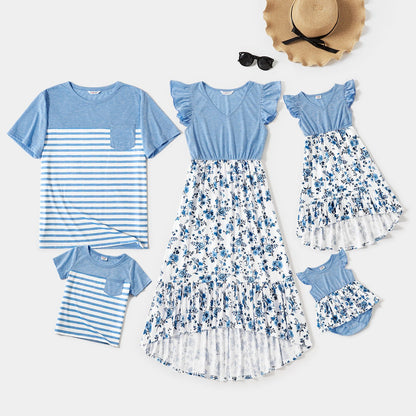 Family Matching Outfits Floral Printed Flutter Sleeve Belt Waist with Bowknot Dress and T-shirts - 20340763
