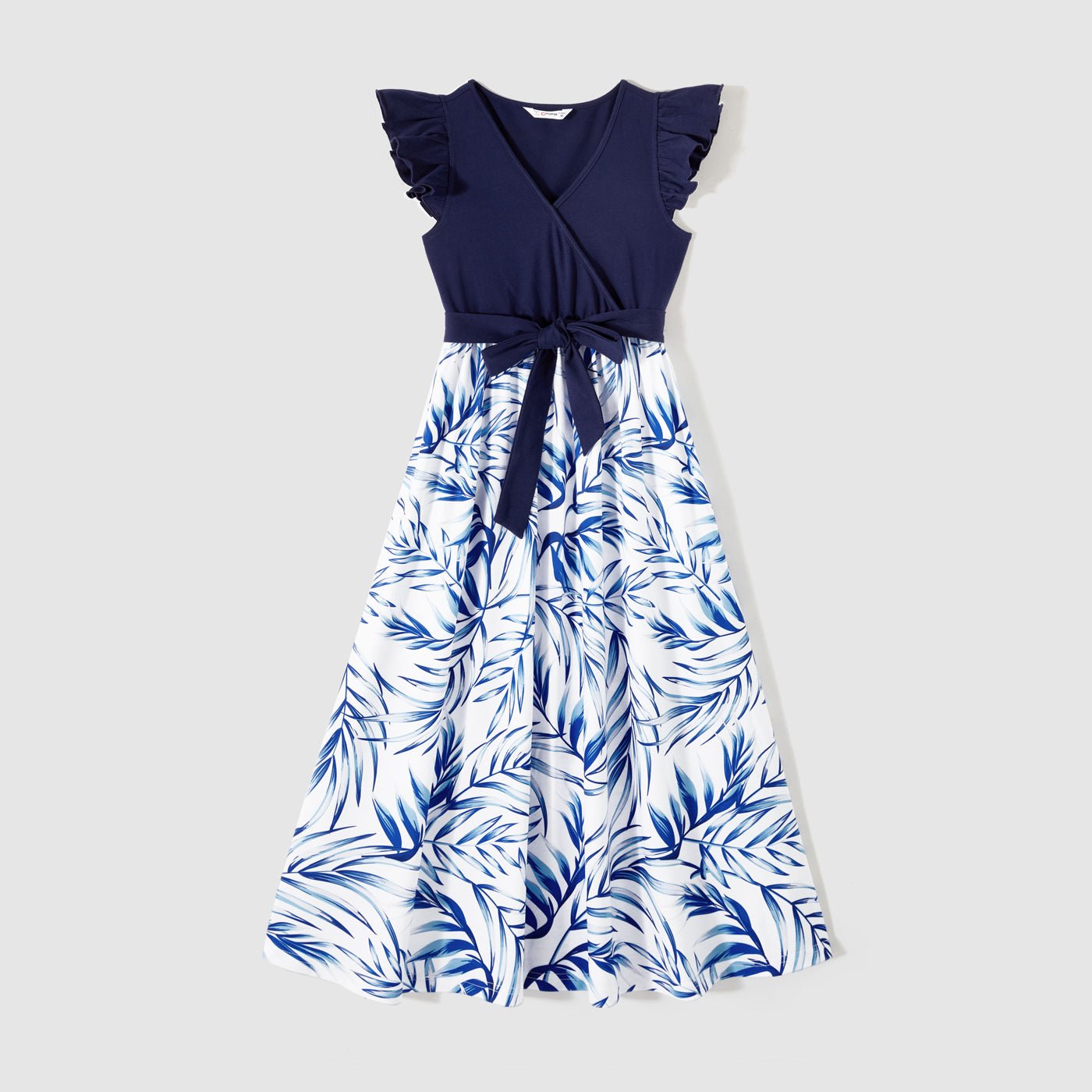 Family Matching Outfits Floral Printed Flutter Sleeve Belt Waist with Bowknot Dress and T-shirts - 20340763