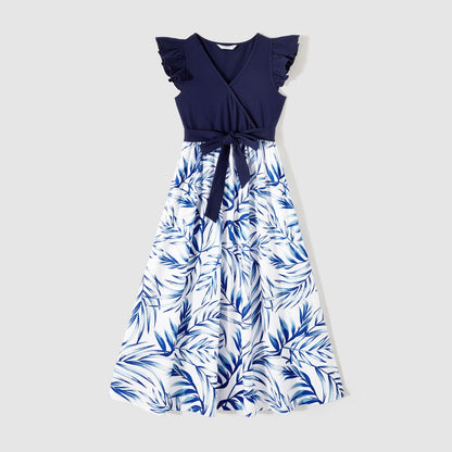 Family Matching Outfits Floral Printed Flutter Sleeve Belt Waist with Bowknot Dress and T-shirts - 20340763