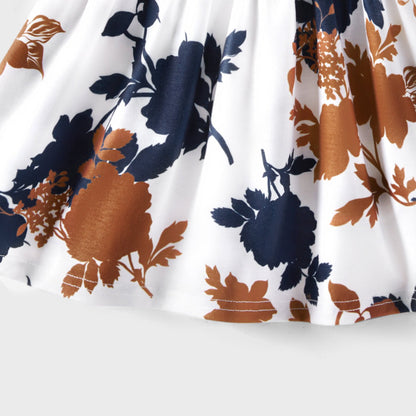 Family Matching Outfits Floral Printed Flutter Sleeve Belt Waist with Bowknot Dress and T-shirts - 20340763