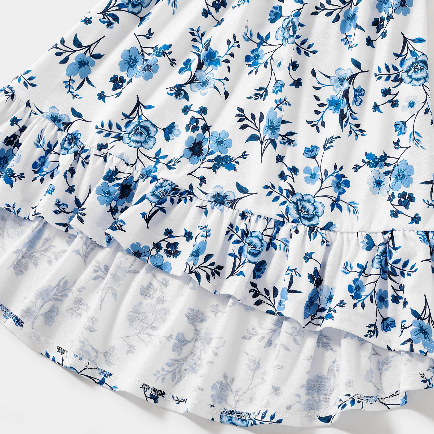 Family Matching Outfits Floral Printed Flutter Sleeve Belt Waist with Bowknot Dress and T-shirts - 20340763